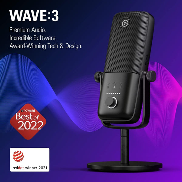 Wave:3 - Premium Studio Quality USB Condenser Microphone for Streaming, Podcast, Gaming and Home Office, Free Mixer Software, Sound Effect Plugins, Anti-Distortion, Plug ’N Play, for Mac, PC