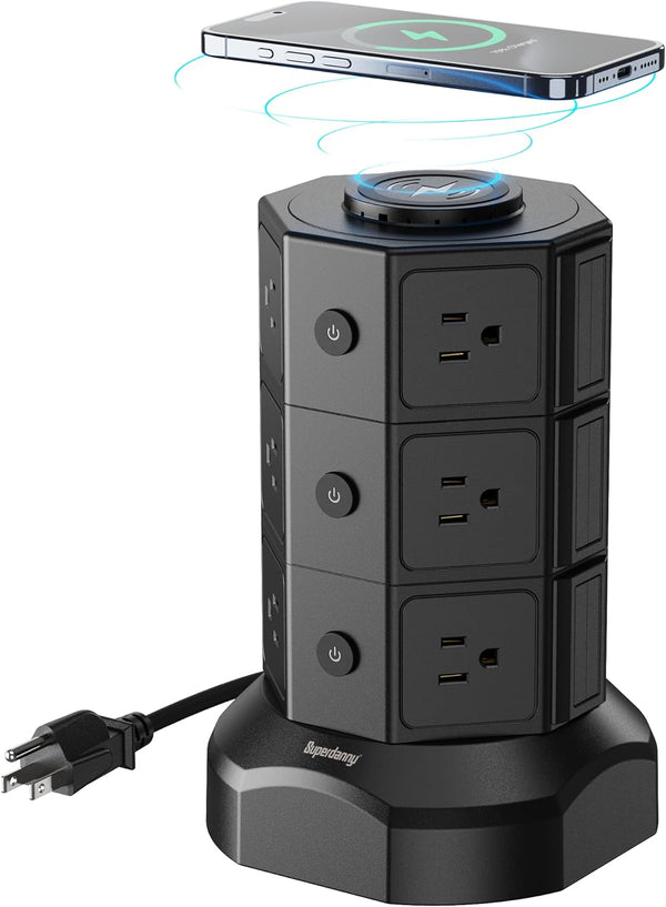 Tower Power Strip with 15W Wireless Charger,  1050J Surge Protector Tower 13A Charging Station with 12 AC Outlets & 6 USB Ports (2 USB C), 6.5Ft Black Extension Cord for Dorm Essentials
