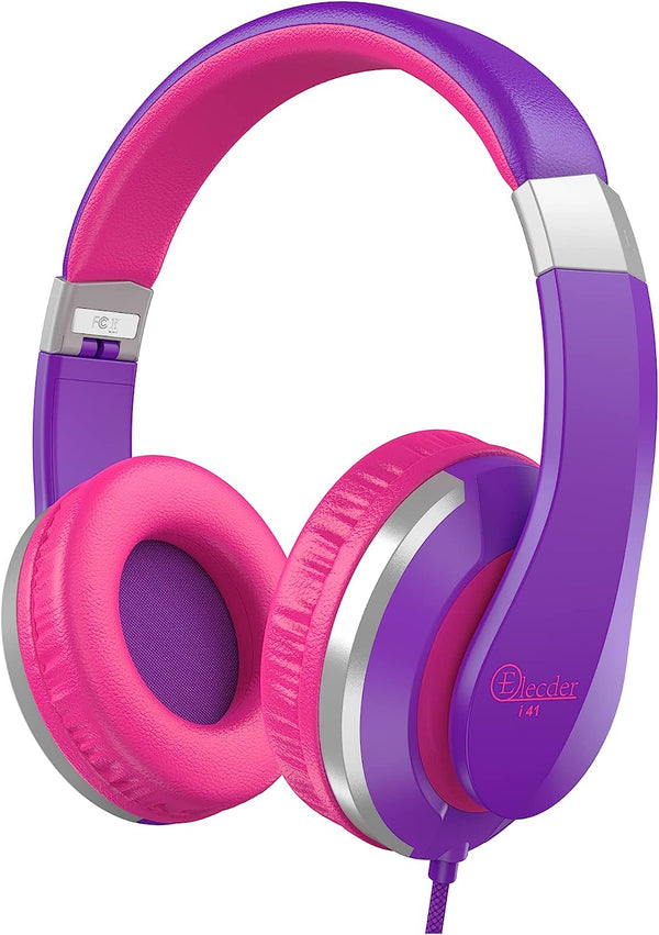 I41 Kids Headphones, Headphones for Kids Children Girls Boys Teens Foldable Adjustable on Ear Headphones with 3.5Mm Jack for Smartphones Computer MP3/4 Kindle School Travel Tablet (Purple/Red)