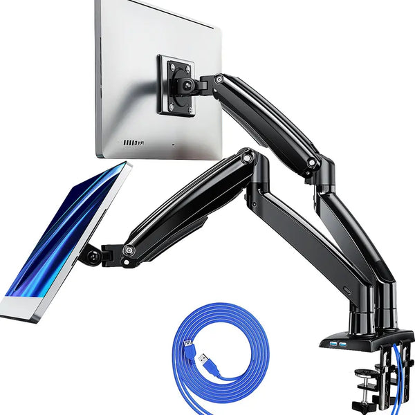 HUANUO Gas Spring Dual Monitor Arm with USB for Gaming and Home Office Setups, Supports Monitors up to 35" Ultrawide with 26.4 Lbs Max Weight and C-Clamp or Grommet Hole Mounting