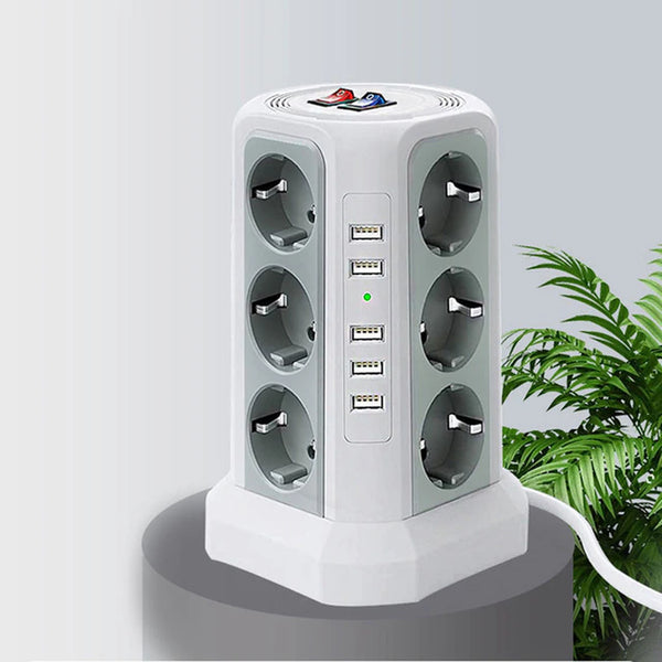 Tower Multi Power Strip Vertical EU Plug 12 Way Outlets Sockets with 5 USB Overload Protector Switch Multiple Vertical Power Str