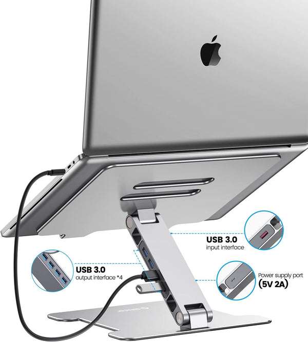 ORICO Adjustable Laptop Stand with 4 Port USB 3.0 Hub, Aluminum Computer Riser Compatible with MacBook Air Pro, Dell XPS, 10-15.6" Notebook and Tablet (Silver)