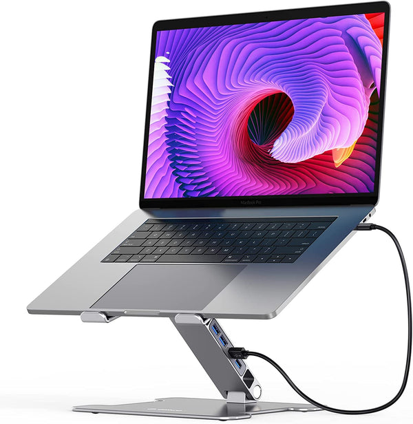 ORICO Adjustable Laptop Stand with 4 Port USB 3.0 Hub, Aluminum Computer Riser Compatible with MacBook Air Pro, Dell XPS, 10-15.6" Notebook and Tablet (Silver)