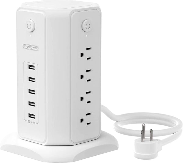 Power Strip Tower Surge Protector,  8 Outlet 5 USB Desktop Charging Station 1625W 13A, 6FT Extension Cord Flat Plug, Individual Switches, 1080 Joules, Overload Protection for Home Office