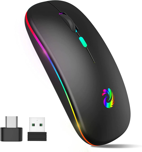LED Wireless Mouse, Rechargeable Slim Silent Mice 2.4G Portable Office Optical Mouse with USB Receiver and Type-C Adapter, 3 Adjustable DPI for Laptop, Computer, PC, Notebook, Desktop (Black)