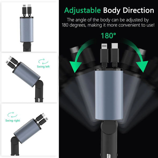 2023 New Retractable Car Charger 4 In1 Fast Car Phone Charger 66W Retractable Cables (2.6Ft) and 2 USB Ports Car Charger Adapter - Digitxe Electronics